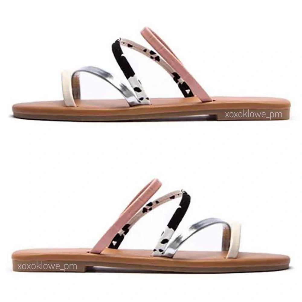 Pink Multi Color Vegan Leather Strappy Slide Sandals Size 6